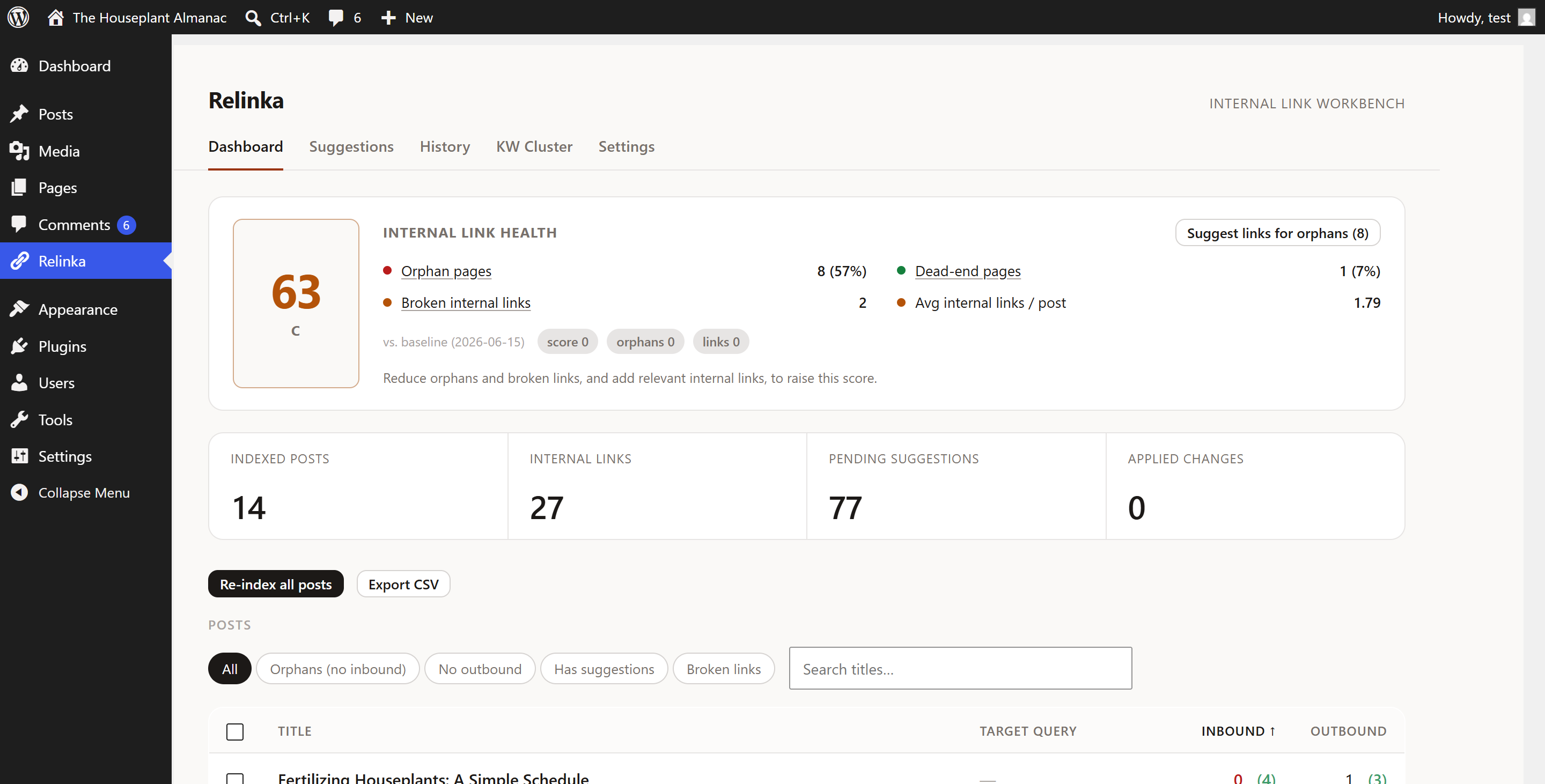 Relinka dashboard with an internal-link health score